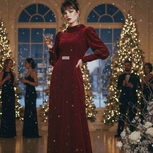 Vintage 1930s-1940s Red Velvet Full-Length Gown